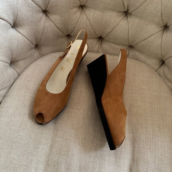 BRUNO MAGLI Vintage Italian Suede Peep Toe Wedge Slingbacks – Brown - Picture 1 of 7